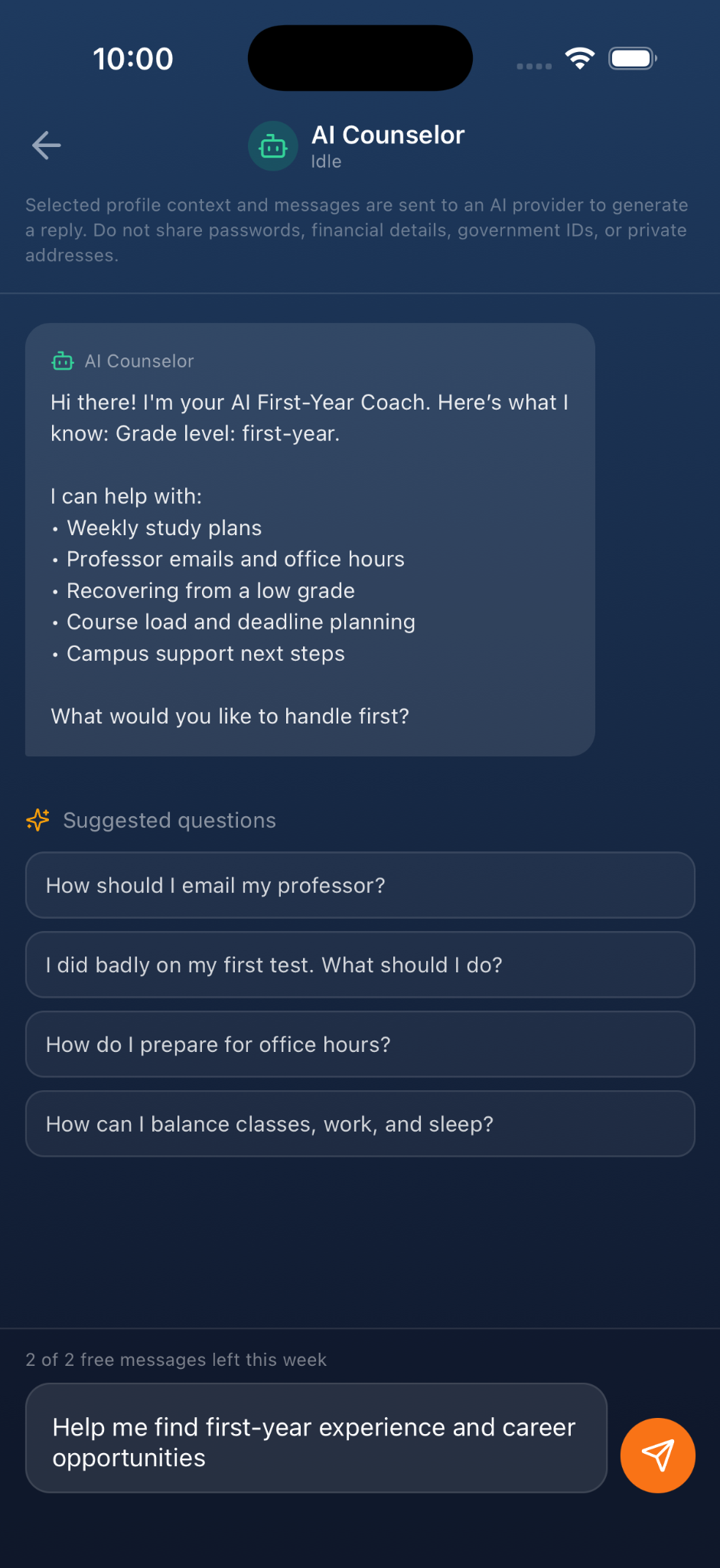 EduPathway First-Year Coach screen