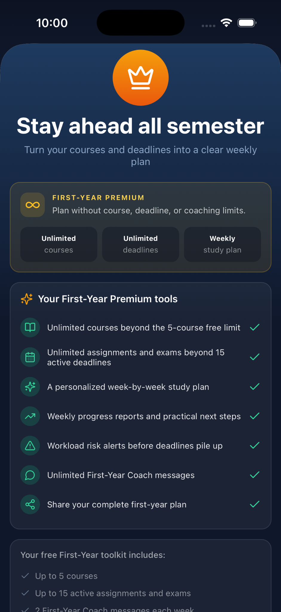 EduPathway First-Year Premium feature screen