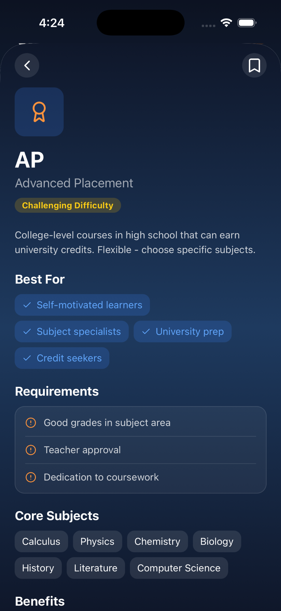 EduPathway AP high-school option screen