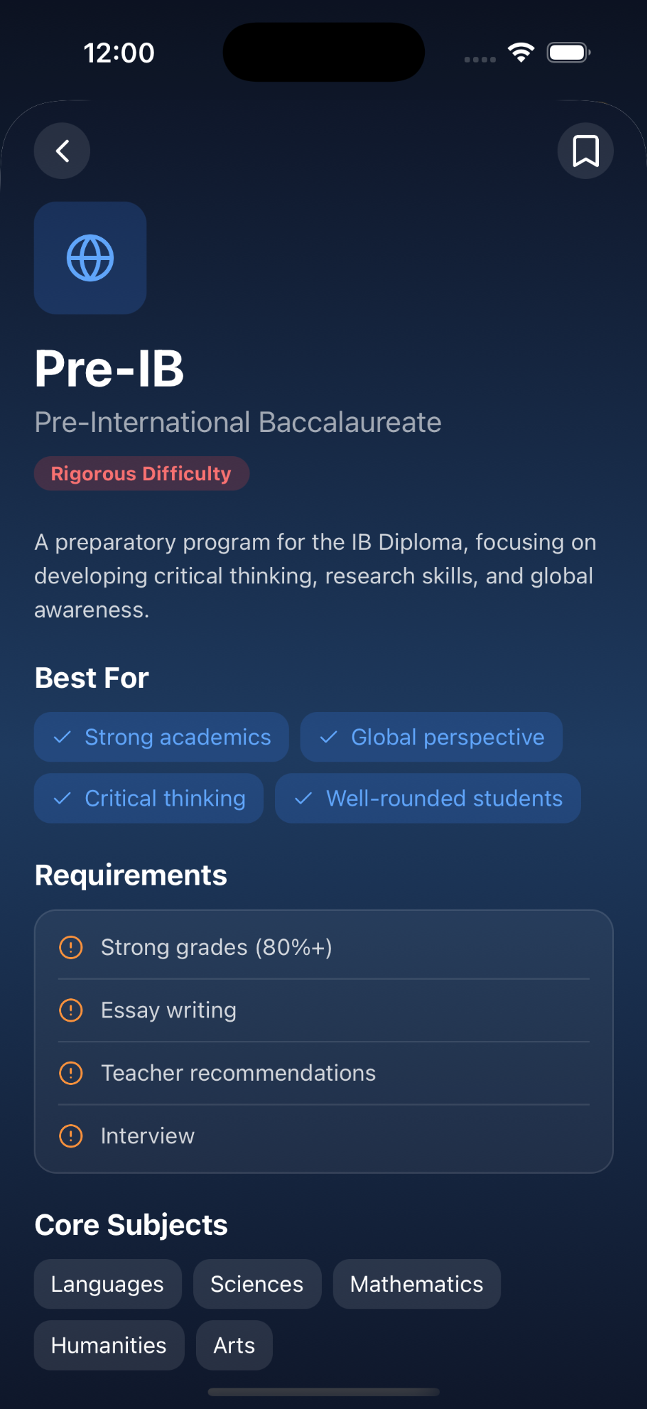 EduPathway Pre-IB high-school option screen