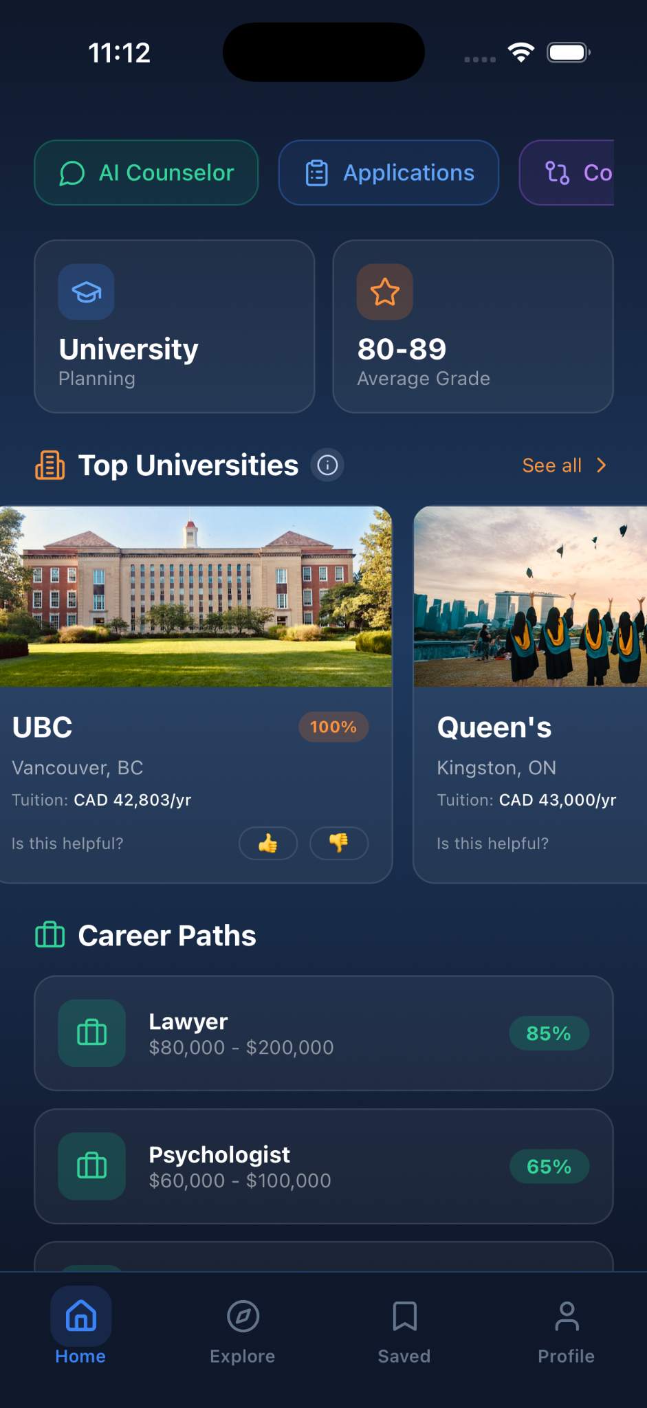 EduPathway high-school profile showing university and career-path exploration
