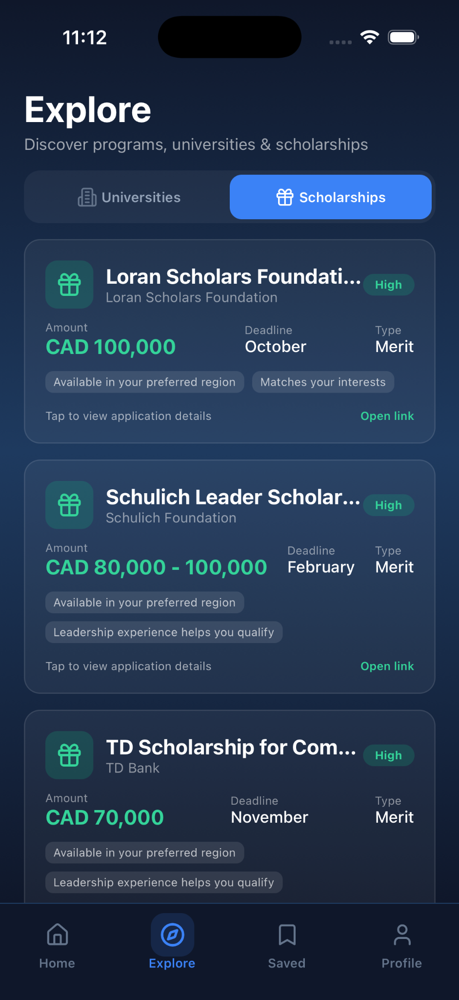 EduPathway scholarship discovery screen