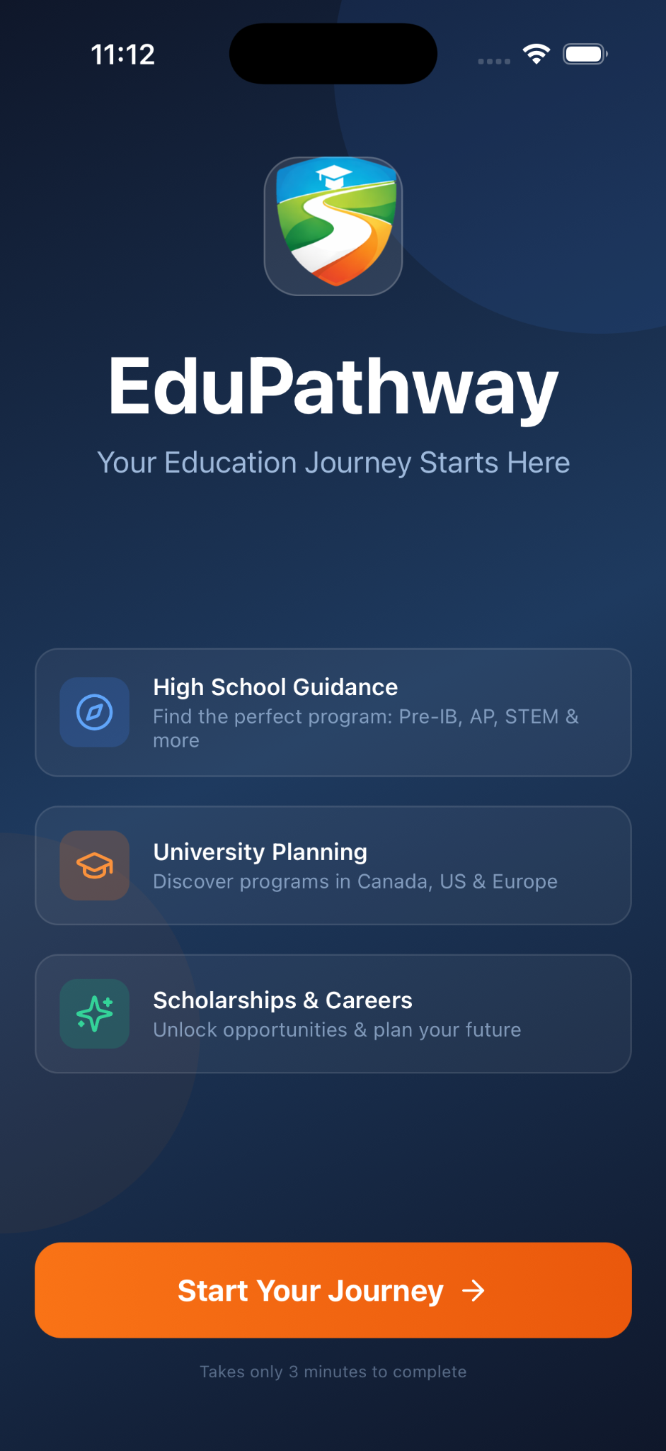 EduPathway onboarding screen showing high school guidance, university planning, scholarships and careers